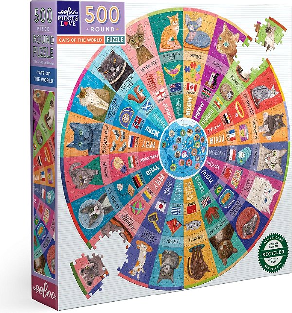 eeBoo Peças & Amor: Gatos do Mundo - Quebra-cabeça de 500 peças - Quebra-cabeça redondo para adultos, 23 de diâmetro, inclui inserção de referência de imagem, peças brilhantes