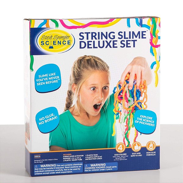 Kit de Slime de Ciência Steve Spangler String Deluxe, inclui rosa, azul, amarelo e transparente (3,4 oz. Cada) - Kit de experimento de slime de ciência DIY para crianças, aprenda/ensine a ciência dos pol