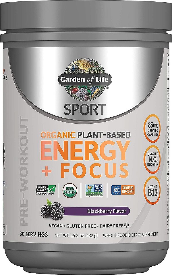 Pó de pré-treino orgânico à base de plantas Garden of Life Sport, com energia e foco limpos, com 85 mg de cafeína, sem impulsionador natural, B12, vegano, sem glúten, não transgênico,