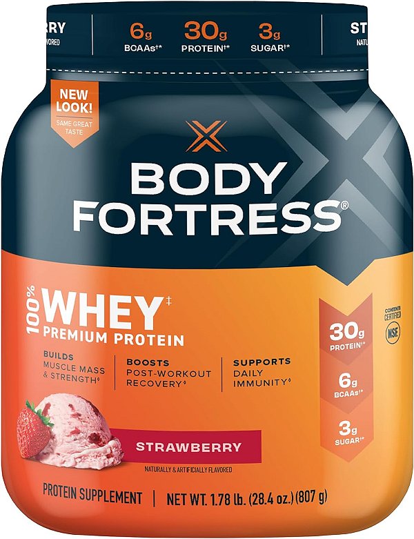 Fortaleza Corporal 100% Whey, Pó de Proteína Premium, Morango, 1,78 libras (Embalagem pode variar)