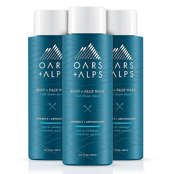 Oars + Alps Gel de Banho Hidratante para Corpo e Rosto Masculino, Cuidados com a Pele Infundidos com Vitamina E e Antioxidantes, Livre de Sulfato, Frescor do Oceano, 3 Pacotes