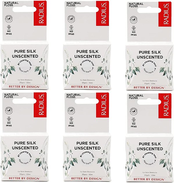 Fio Dental de Seda Natural Não Perfumado RADIUS 30 Metros Compostável e Não Tóxico para Cuidados Orais, Desenvolvido para Combater a Placa Bacteriana - Pacote com 6 Unidades