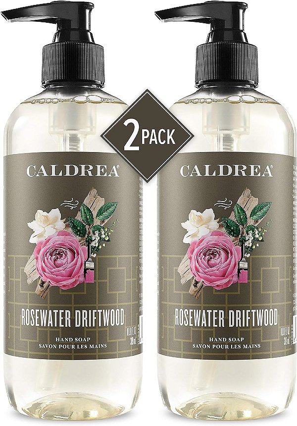 Sabonete Líquido para as Mãos Caldrea, Géis de Aloe Vera, Óleo de Oliva e Óleos Essenciais para Limpar e Condicionar, Água de Rosas e Madeira à Deriva, 10,8 oz