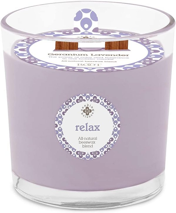 Vela de Spa com pavio de madeira Seeking Balance Root Candles Aromatherapy, 12 onças, Relax: Gerânio Lavanda.