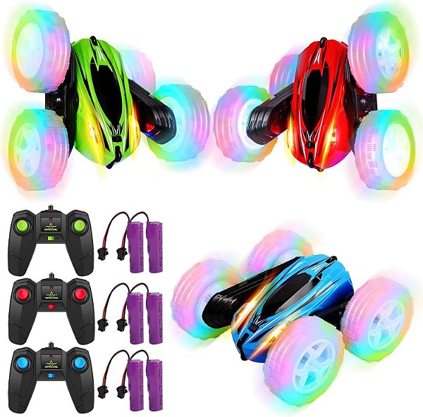 Brinquedo de Carro de Controle Remoto Geefia 3Pcs para Crianças, Carros de Acrobacias RC de 2.4GHz com Luzes nas Rodas, Carros de Alta Velocidade 4WD Off Road de Dupla Face Gir
