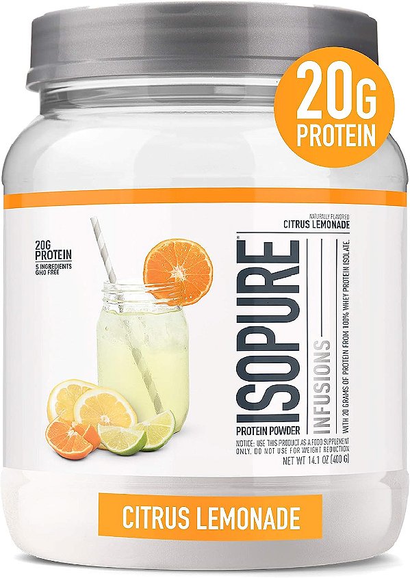 Pó de Proteína Isolada Isopure, Pó de Bebida de Recuperação Pós Treino com Zero Açúcar Adicionado, Infusões de Limonada Cítrica, 16 Porções, 0,88 libras