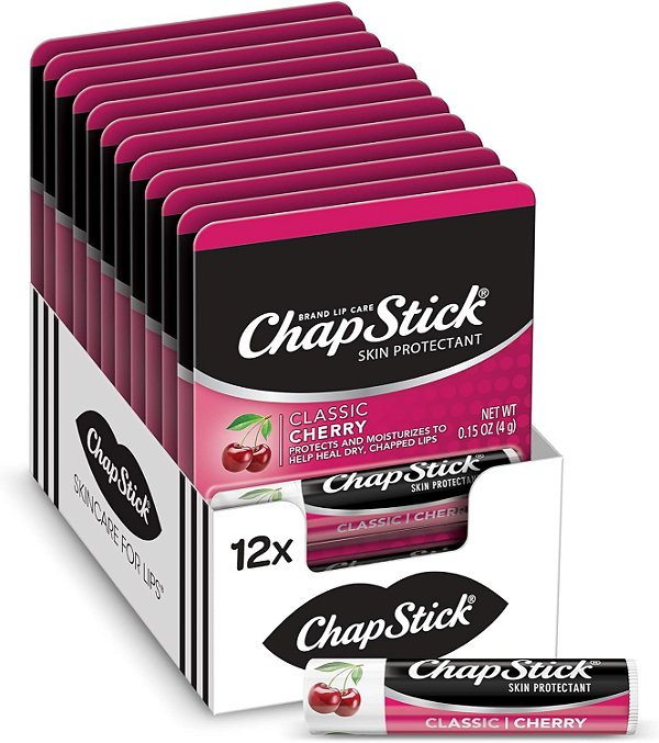 Protetor labial clássico de cereja ChapStick, tubo de bálsamo labial com sabor para cuidar dos lábios irritados, rachados ou ressecados - 0,15 onças (pacote com 12)