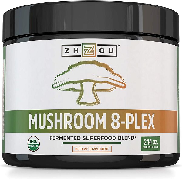Pó de cogumelo orgânico 8-Plex da Zhou Nutrition, Suporte para a Saúde Cognitiva e Imunológica, Aumento de Energia, Resistência e Bem-Estar Geral, Cogumelo do Leão, Reishi