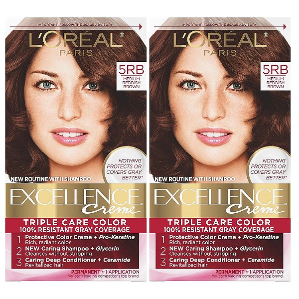 L'Oreal Paris Excellence Creme Coloração Permanente para Cabelos, 5RB Marrom Avermelhado Médio, Cobertura de 100 por cento dos Fios Brancos, Kit com 2 unidades