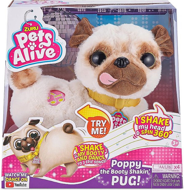 Pets Alive Poppy O Pug Que Mexe o Bumbum - Brinquedo Interativo de Pelúcia Dançante para Crianças, Meninas, Cachorro Realista Robótico de Pelúcia Macia da ZURU