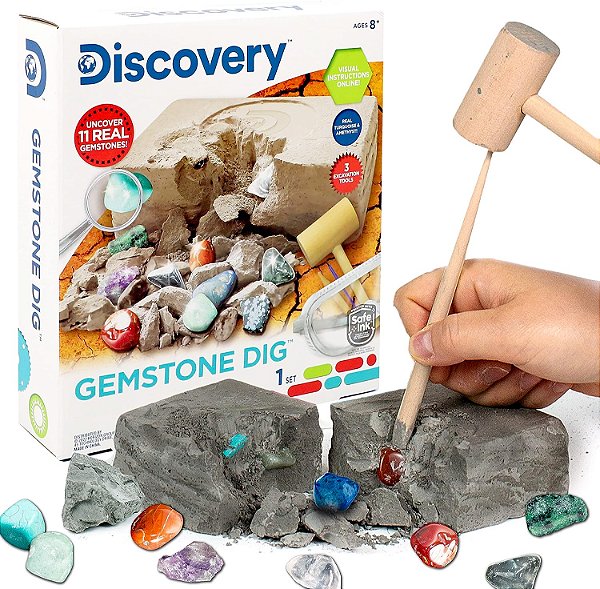 Kit de Ciências Discovery Kids Gemstone Dig da Horizon Group USA, Escavar, Cavar & Revelar 11 Gemas Reais, Inclui Óculos de Proteção, Ferramentas de Escavação, Placa de Teste de Dureza, Lupa e