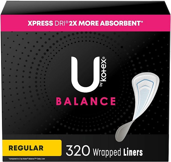 U by Kotex Balance Forro de Calcinha Embalado, Comprimento Regular, 320 unidades (8 pacotes de 40) (A embalagem pode variar)
