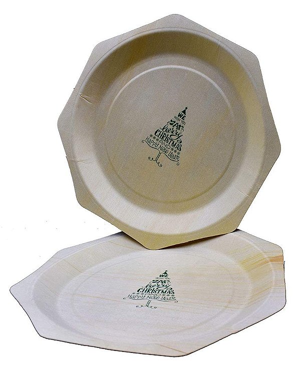 Pratos de Madeira de 11 com Desejamos a você um Feliz Natal e um Feliz Ano Novo - Pacote com 30 unidades