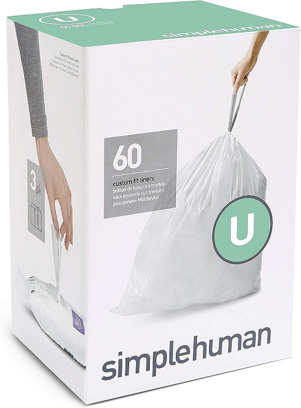 Sacolas de lixo com cordão simpleshuman Code U, embalagem com dispensador, 60 unidades, 55 litros / 14,5 galões, branco