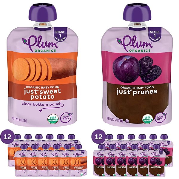 Plum Organics | Estágio 1 (Pacote Variado) | Apenas Ameixas e + Batata Doce | 12 de Cada Sabor (Total de 24) | Nova Aparência, Embalagem Pode Variar