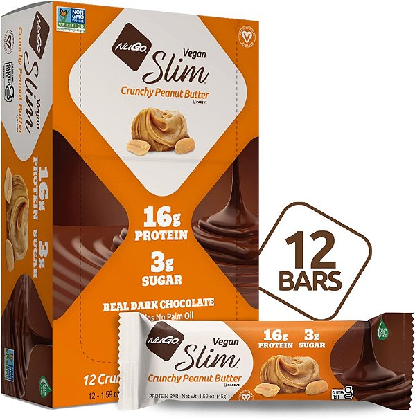 Barras de Proteína Vegana NuGo Slim Chocolate Amargo com Manteiga de Amendoim Crocante, 17g de Proteína, 3g de Açúcar, 7g de Fibra, 180 Calorias, Baixo Teor