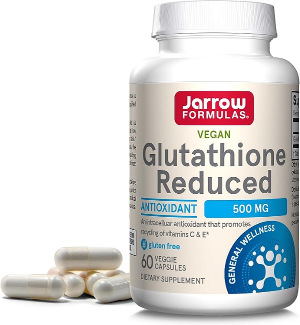 Fórmulas Jarrow Glutationa Reduzida 500mg- 60 Cápsulas Vegetais- Antioxidante Intracelular- Suplementos de Glutationa de Qualidade- Suporta o Reciclagem das Vitaminas C & E- Não