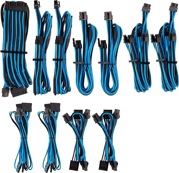 Kit Corsair Premium de Cabos Individuais para Fonte de Alimentação – Azul/Preto, Garantia de 2 Anos, para Fontes de Alimentação Corsair