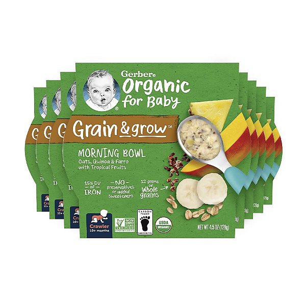 Tigela matinal Gerber Organic Grain & Grow, Aveia, Quinoa Vermelha e Farro com Frutas Tropicais, 4,5 Onças (Pacote com 8)