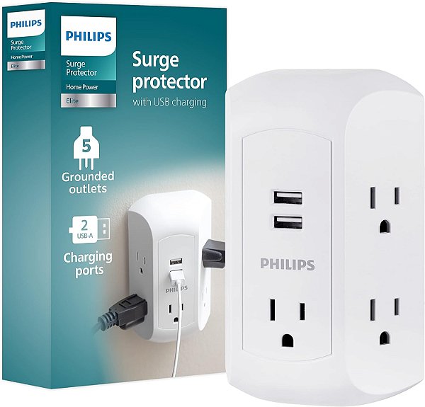Philips Acessórios 5 Tomadas Extensor, Adaptador de Parede Aterrado, 3 Pinos, 2 USB-A, Protetor de Surto, Tomadas Espaçadas, Acesso Lateral, 560 Joules, Instalação R