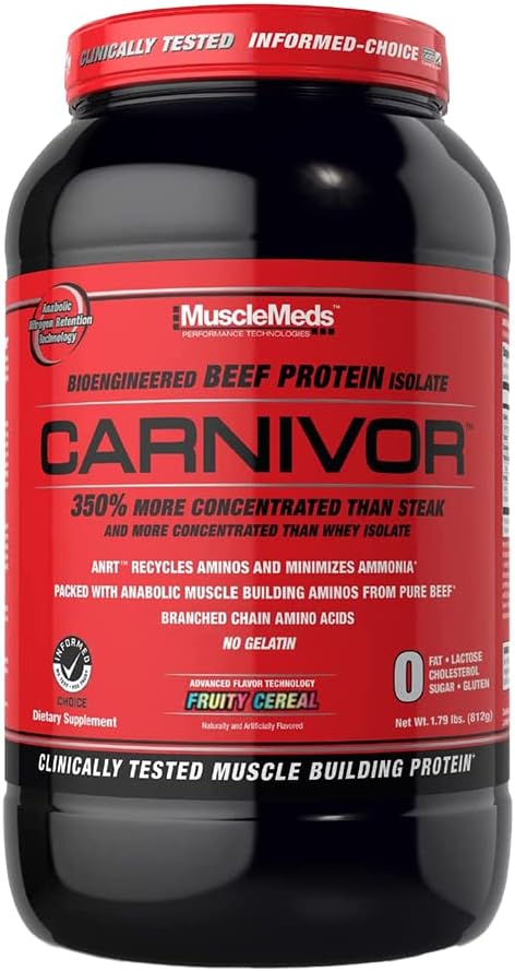 Pó de isolado de proteína de carne de bovino MuscleMeds CARNIVOR, Construção muscular, Recuperação, Sem lactose, Sem açúcar, Sem gordura, 23g de proteína, Cereal frutado, 28