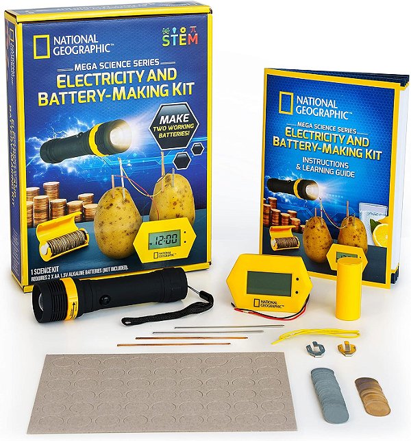 Kit de fabricação de bateria NATIONAL GEOGRAPHIC - Kit de Ciência Relógio de Batata e Lanterna Alimentada por Moedas, 2 Projetos STEM de Eletricidade para Crianças, Brinquedo de Circuito Elétrico
