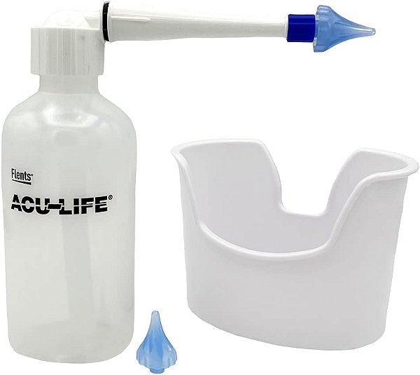 Irrigador Auricular Acu-Life, Ajuste Macio Tri-Steam com Design Alargado para Conforto, Inclui Bacia, Seringa para Ouvido e Frasco de Aperto Fácil