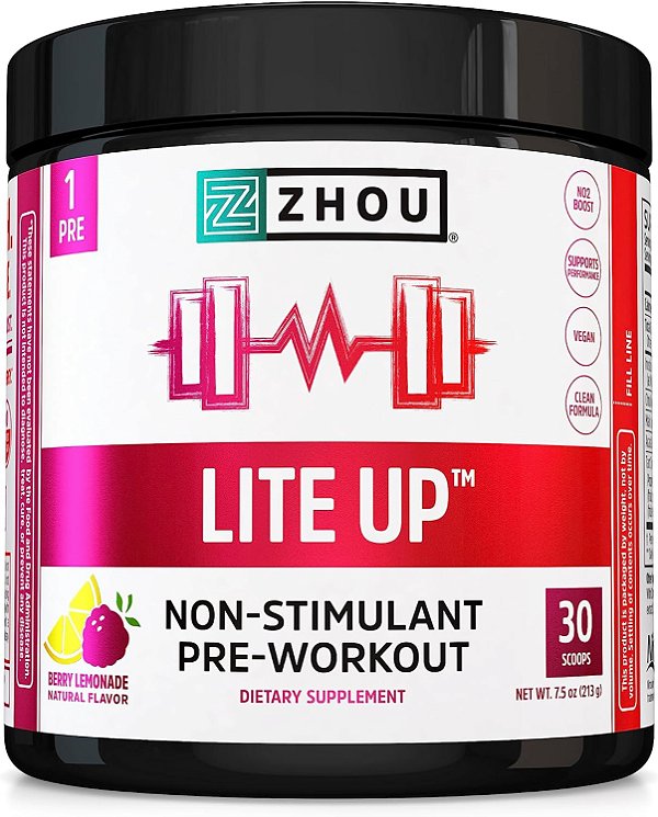 Zhou Nutrition Lite Up, Pó Pré-Treino Não Estimulante, Impulsionador de Óxido Nítrico Livre de Cafeína, Sem Adição de Açúcar, Vegano, Sem Glúten, Não Transgênico