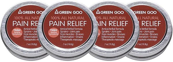 Bálsamo para cuidados com a pele Green Goo Natural, alívio da dor com Arnica, lata de viagem de 0,7 onças, 4 unidades.