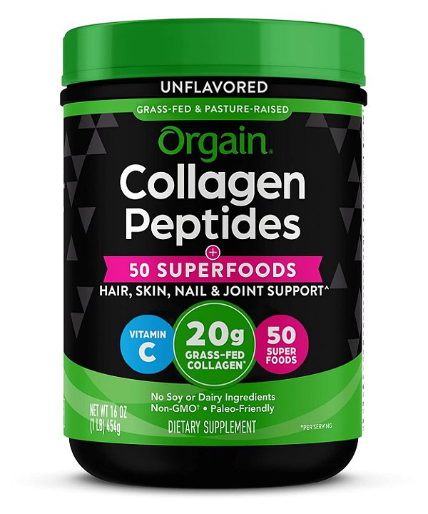 Pó de Colágeno Hidrolisado Orgânico + 50 Super Alimentos Orgânicos, 20g de Péptidos de Colágeno de Gado Alimentado com Capim - Suplemento para Suporte Capilar, da Pele,