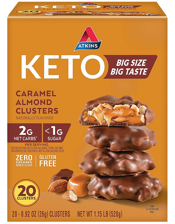 Atkins Amêndoas com Caramelo, Sem Glúten, Rico em Fibras, 1g de Açúcar, 2g de Carboidratos Líquidos, Amigável para a Dieta Keto, 20 Unidades