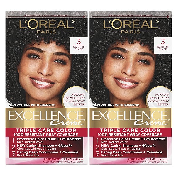 L'oreal Paris Excellence Creme Cor Permanente para Cabelo, 3 Preto Natural, Cobertura de 100 por cento dos fios brancos, Pacote com 2.