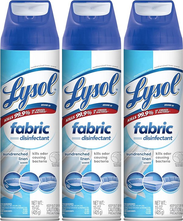 Lysol Tecido Desinfetante Spray, Spray Sanitizante e Antibacteriano, Para desinfecção e desodorização de tecidos macios, Linho Ensolarado 15 FL. Oz (Pacote com 3)