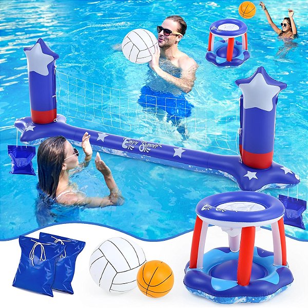Rede de Vôlei Inflável de Piscina Grande de 116 e Cesta de Basquete com 2 Bolas de Praia Bandeira Americana Jogos de Piscina para Família e Adultos Suprimentos de Festa Flutuante do