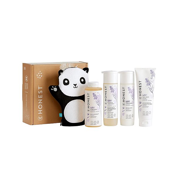 Pacote Essencial para Banho com Lavanda da The Honest Company | Shampoo + Sabonete Líquido, Condicionador, Loção para Rosto + Corpo, Espuma para Banho, Luva de Banho de Panda | Natural, Livre de L