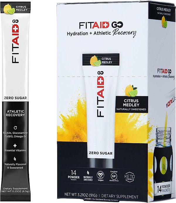 FIT AID GO ZERO AÇÚCAR Pacote de Hidratação e Recuperação, com BCAAs, Glucosamina, Eletrolitos, Ômega-3, 100% Limpo, Amigo da Dieta Cetogênica,