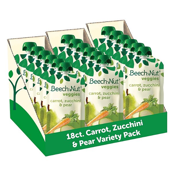 Beech-Nut Baby Food Pouches, Purê de Vegetais de Cenoura, Abobrinha e Pera, 3.5 oz (18 Pacotes)