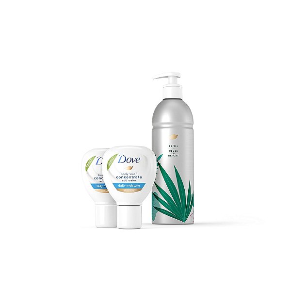 Recargas Concentradas de Dove Body Wash (x2) & Recipiente Reciclável de Alumínio para Iniciar o Kit de Iniciante de Garrafa Reutilizável para Nutrição Duradoura da Pele Macia Instantânea,