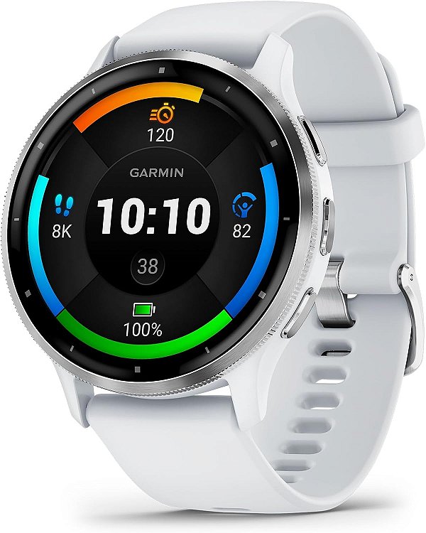 Relógio inteligente Garmin Venu 3 prateado com moldura em aço inoxidável, display AMOLED sensível ao toque de 1,4 polegadas, case Whitestone de 45mm e pulseira de silicone.