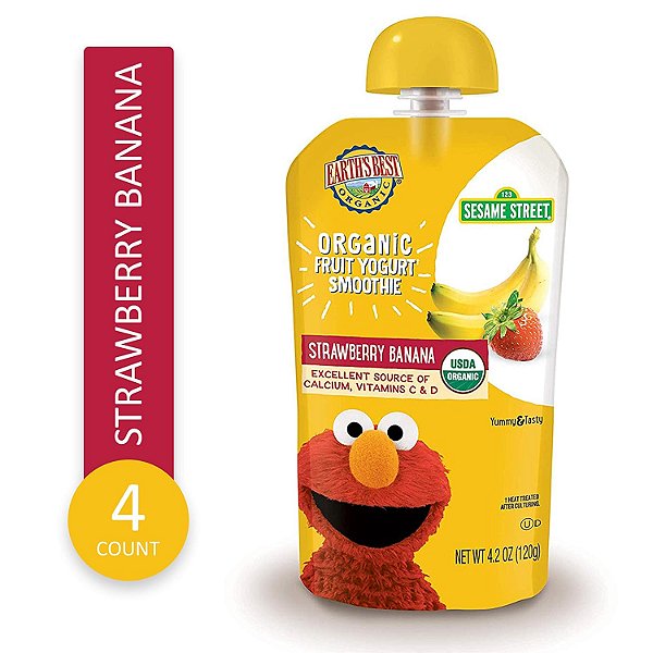 Lanches Orgânicos para Crianças da Sesame Street, Smoothie de Iogurte de Frutas Orgânicas para Crianças de 2 Anos ou Mais, Morango Banana, Pote de 4.2 oz (Pacote com 16)