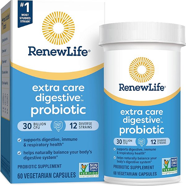 Cápsulas Probióticas Renew Life Extra Care, Suplemento Diário que Apoia a Saúde Imunológica, Digestiva e Respiratória, L. Rhamnosus GG, Livre de Laticínios, Soja e Glúten,