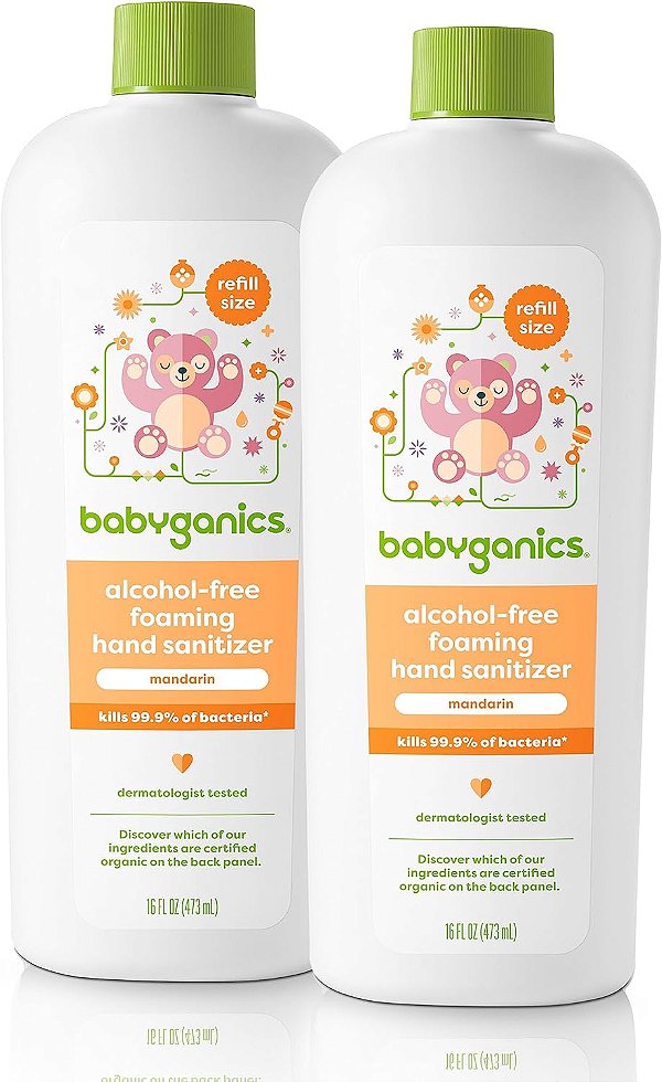 Recarga de Álcool Gel Espumante para as Mãos Babyganics, Livre de Álcool, Mandarina, Mata 99,9% das Bactérias Comuns, Hidratante, 16 Fl Oz (Pacote com 2