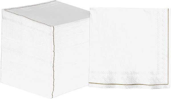 Pacote de 120 Guardanapos Quadrados de Almoço Luxuosos, Descartáveis, Papel Premium de 3 Camadas, 6,5 x 6,5 Polegadas, Guardanapo Decorativo, Branco com Listras Douradas.