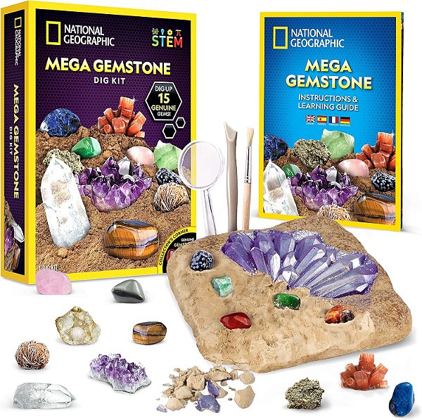 Kit Mega Escavação NATIONAL GEOGRAPHIC - Escave 15 Gemas e Cristais Reais, Kit de Ciências para Crianças, Presente para Meninas e Meninos