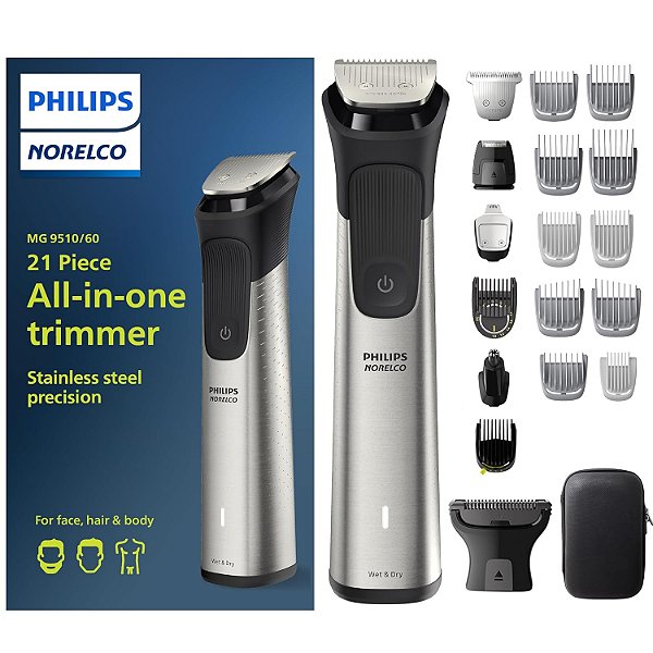 Kit de Grooming Masculino Philips Norelco Multigroom Series 9000 - 21 peças para barba, corpo, rosto, nariz, aparador de pelos nas orelhas com estojo de armazenamento premium, MG9510/60