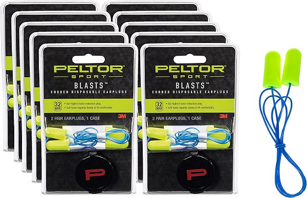 Protetor auricular descartável com fio Peltor Sport Blasts, 32 dB NRR, 2 pares/pacote, total de 10 pacotes
