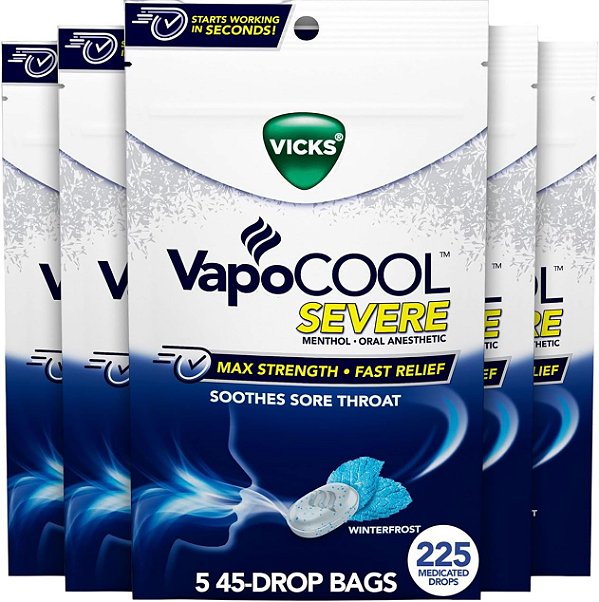 Vicks VapoCOOL Máxima Força Pastilhas para Dor de Garganta, Alívio Rápido, Acalma a Dor da Tosse, Mentol, Winterfrost - 225 unid.