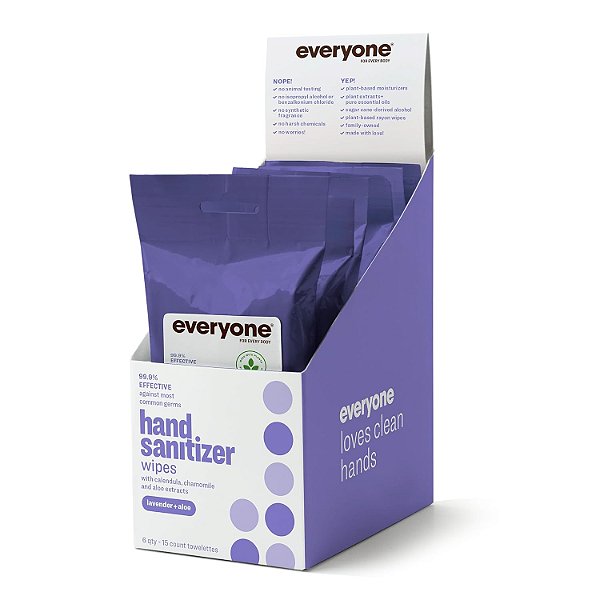 Lenços umedecidos desinfetantes para as mãos da Everyone, 15 lenços (pacote com 6), Lavanda e Aloe, Álcool derivado de plantas com óleos essenciais puros.