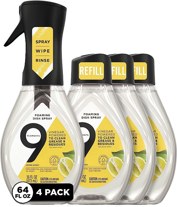 Sabão de Louça Natural 9 Elements, Líquido para Lavagem de Louça com Óleos Essenciais de Limão, Feito com o Poder do Vinagre, 1 Kit Inicial de Spray para Louça e 3 Recargas (64