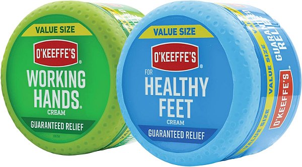 Creme para as mãos O'Keeffe's Working Hands, frasco de 6,8 onças e creme para os pés Healthy Feet, frasco de 6,4 onças.